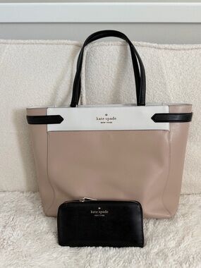 kate spade Beige, White & Black Leather Tote with Black Wallet